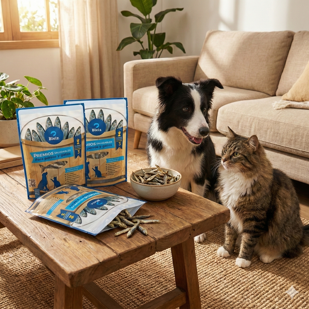 Premios Naturales Bleiz Anchovetas Deshidratadas para Perros y Gatos | 3 Bolsas x 80g | Omega 3 y 6
