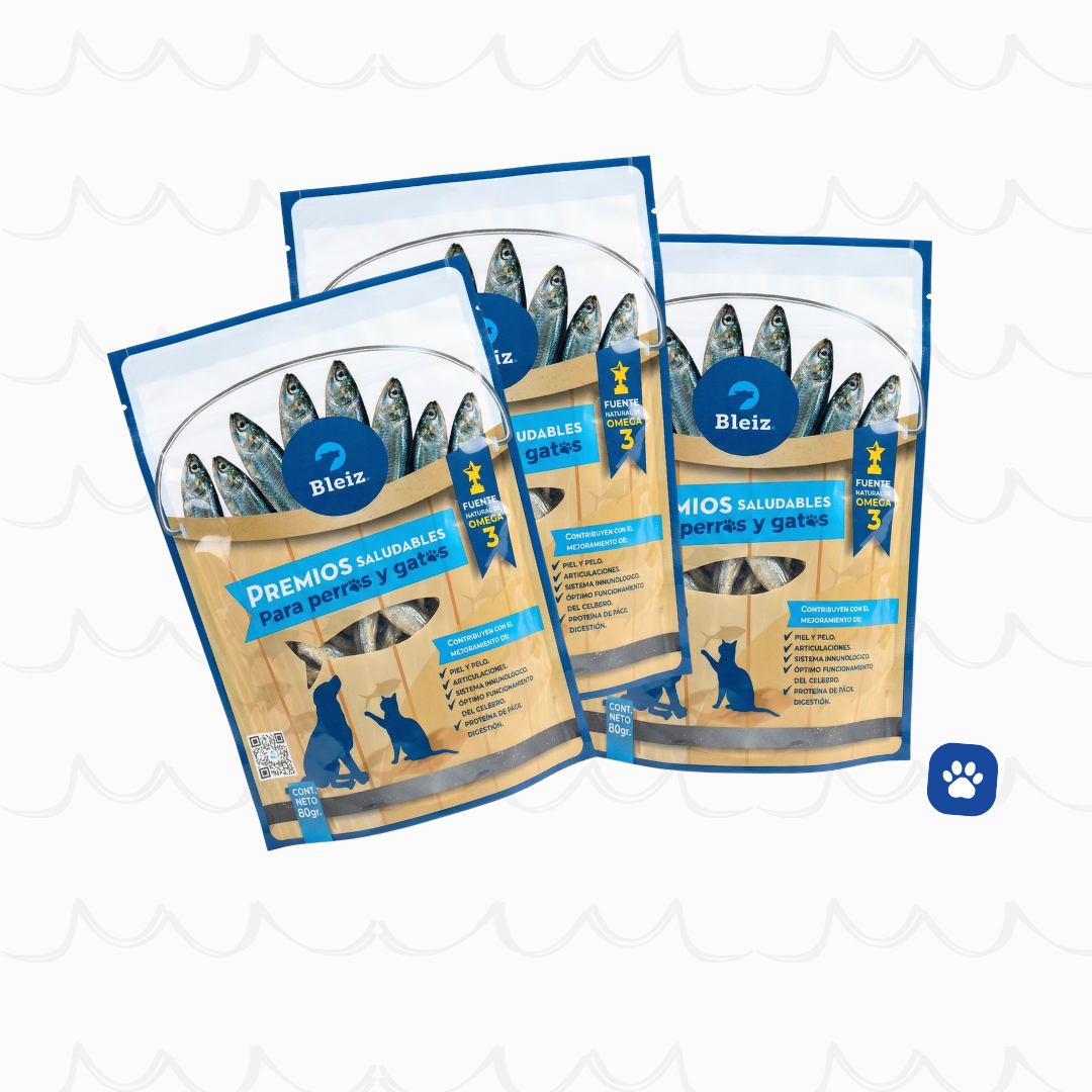 Premios Naturales Bleiz Anchovetas Deshidratadas para Perros y Gatos | 3 Cajas x 80g | Omega 3 y 6