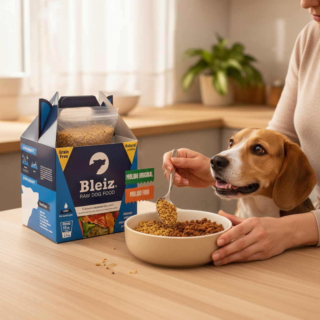 Mujer mezclando Bleiz Alimento Natural Deshidratado para Perro en un tazón con un beagle expectante en una cocina cálida.