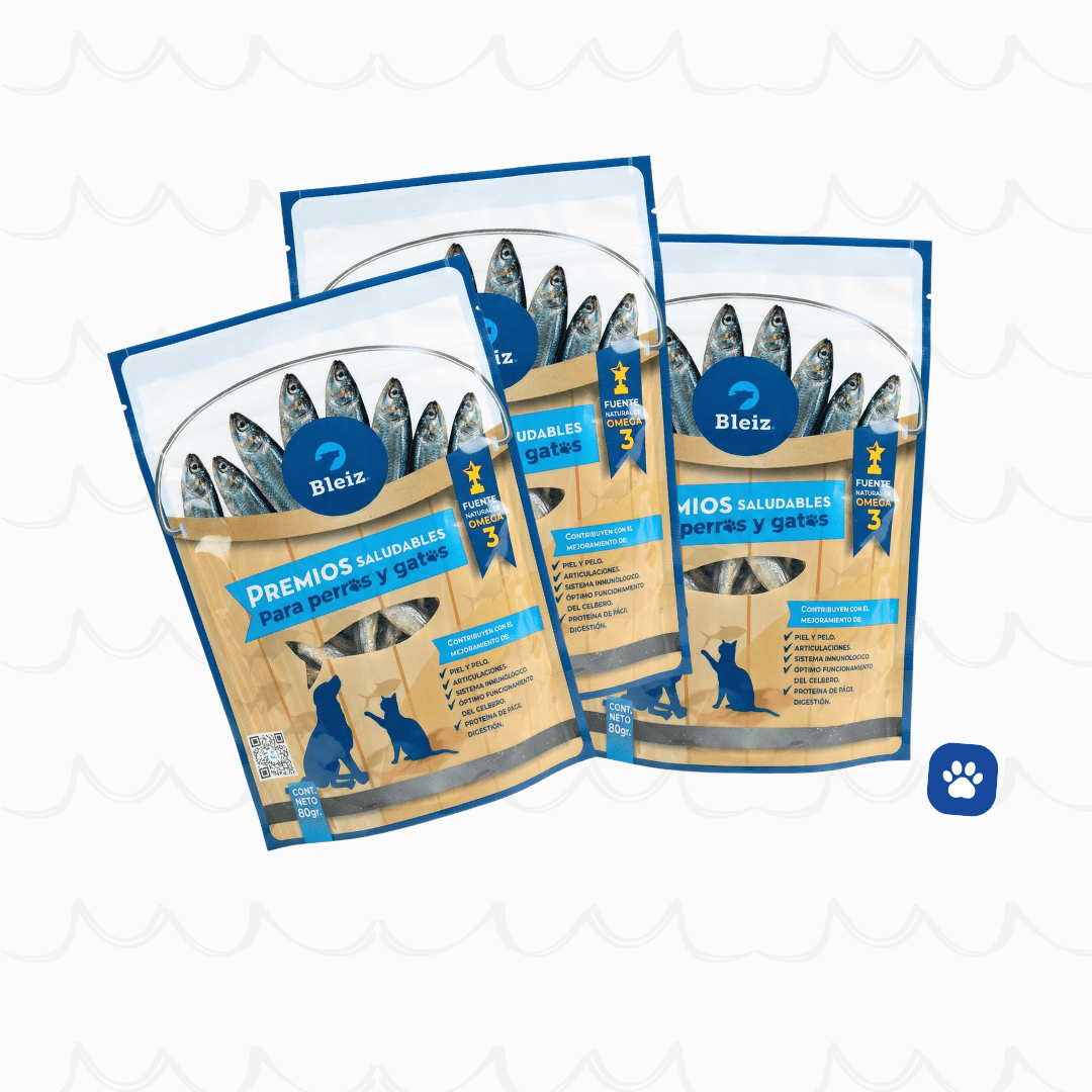 Premios Naturales Bleiz Anchovetas Deshidratadas para Perros y Gatos | 3 Bolsas x 80g | Omega 3 y 6 - Bleiz