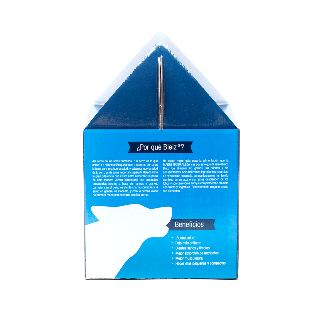 Parte trasera de la caja de Bleiz Alimento Natural Deshidratado 5 KG con beneficios: buena salud, pelo brillante.