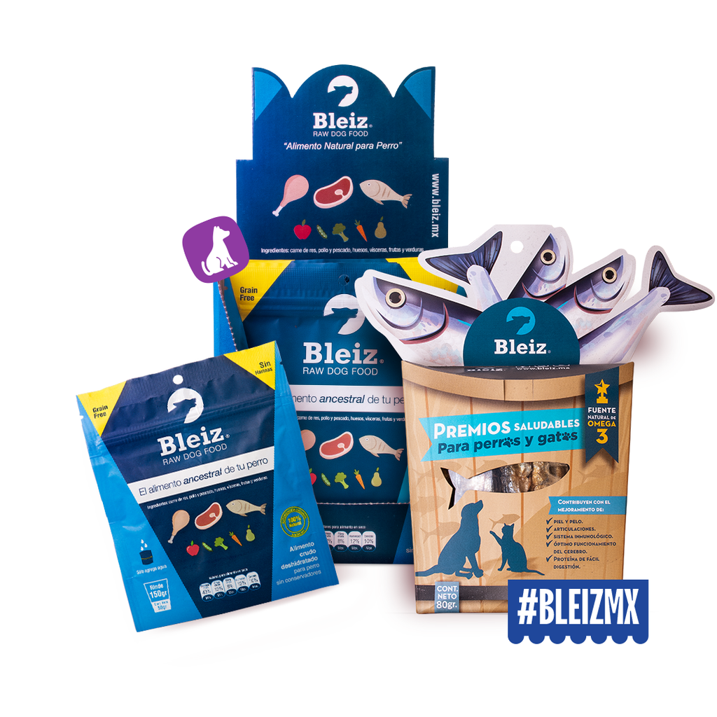 Paquete de iniciación Bleiz con sobres de comida deshidratada y caja de anchovetas para perro