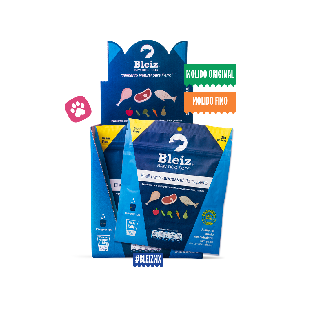 Caja de sobres de alimento natural deshidratado Bleiz para perro. Incluye Molido Original y Fino.